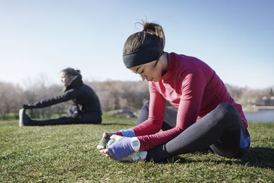 Two women exercising outdoors