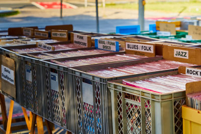 Hannover, germany, august 24., 2019, old vinyl records are sold in plastic boxes on the flea market,