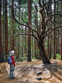 Side view of woman with backpack standing in forest