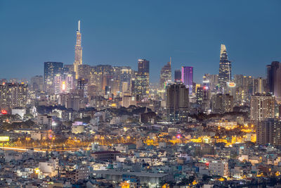 Illuminated buildings in city