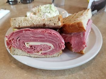 Close-up of breakfast in plate on table