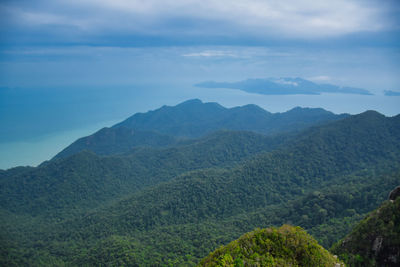 Beautiful stunning scenic panoramic view of langkawi from the top of gunung mat chincang mountain