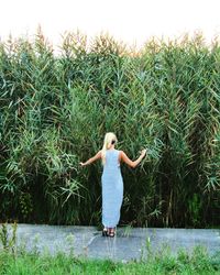 Rear view of a woman against trees