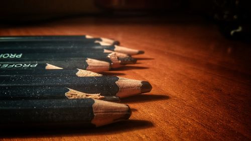 Close-up of pencil on table