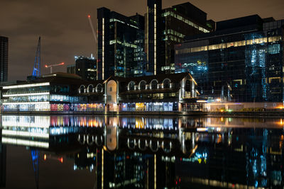 Reflection of buildings in city at night