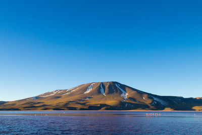 Scenic view of mountains against clear blue sky