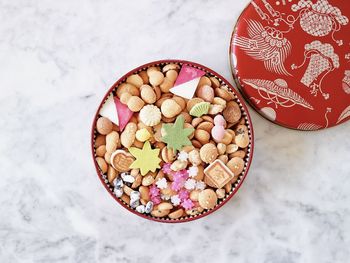 High angle view of candies on table