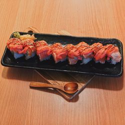 High angle view of meat in plate on table