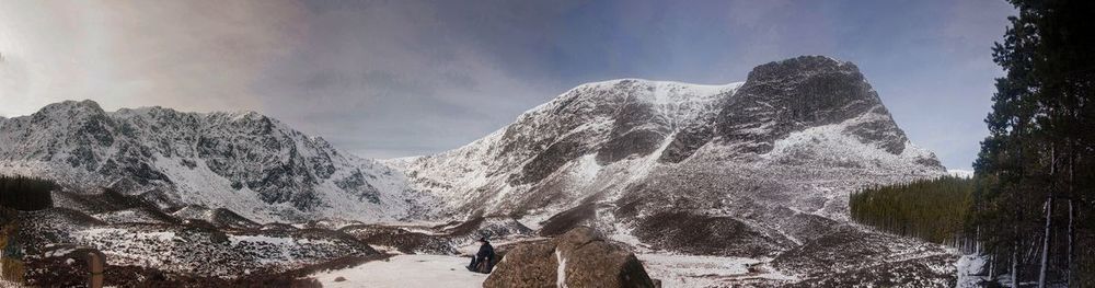 Scenic view of snow covered mountains against sky