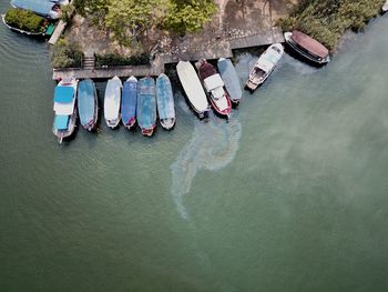 High angle view of boats in river