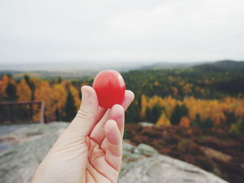 Close-up of person holding hand against sky