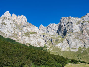 Low angle view of rocky mountains against clear blue sky