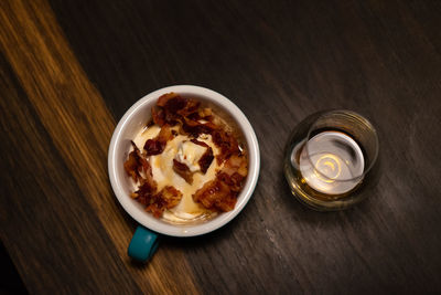 High angle view of breakfast served on table