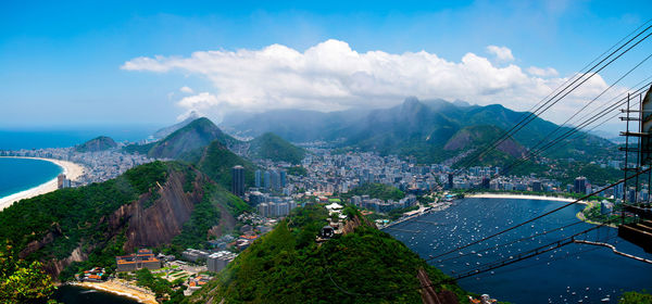 High angle view of city by sea against sky