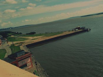 High angle view of boats in river