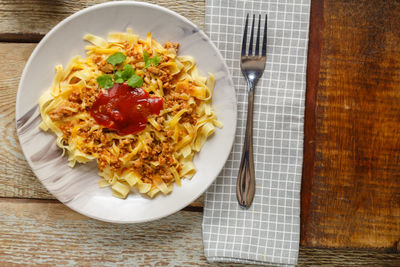 High angle view of food in plate on table