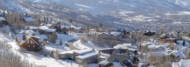High angle view of snow covered townscape