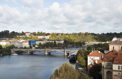 High angle view of river by town against sky