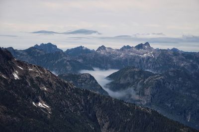 Scenic view of low hanging clouds amidst mountains against sky