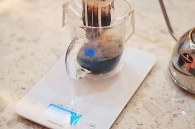 High angle view of coffee on table