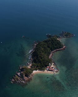 High angle view of sea against clear blue sky