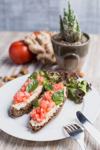 Close-up of breakfast served on table