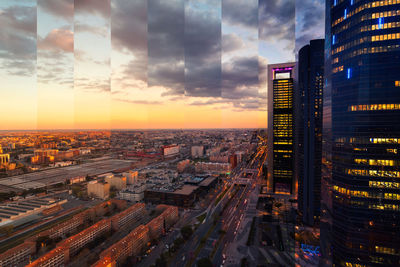 High angle view of illuminated buildings against sky during sunset