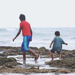 Rear view of friends on beach against sky