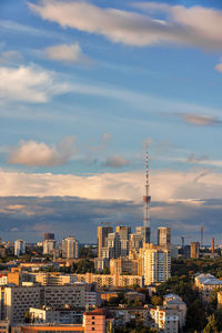 Beautiful cityscape and architecture of the tv tower with the adjacent residential area of kyiv. 
