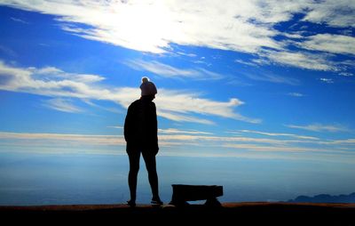 Rear view of silhouette man looking at sunset