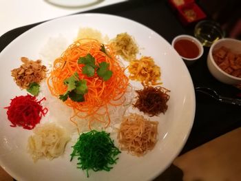 High angle view of food in plate on table