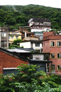 Houses by buildings in town