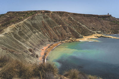 Scenic view of beach by mountain