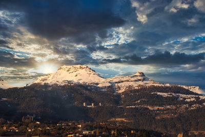 Scenic view of snowcapped mountains against sky during sunset