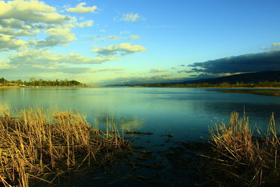 Scenic view of lake against sky during sunset