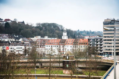 High angle view of buildings in city