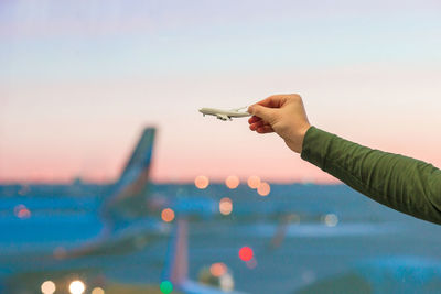 Person holding leaf in city against sky during sunset