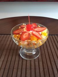 High angle view of dessert in glass on table