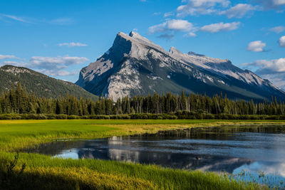 Scenic view of lake by mountain against sky