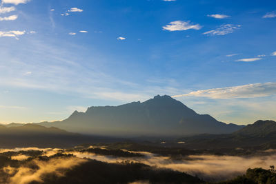 Scenic view of silhouette mountains against sky during sunset