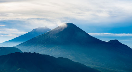 The view from the top of mount prau and the activities of the climbers near the camping tent