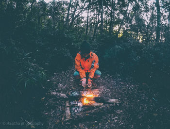 Low angle view of man with fire crackers in the forest