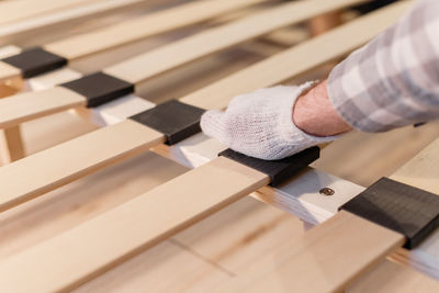 High angle view of man working on table