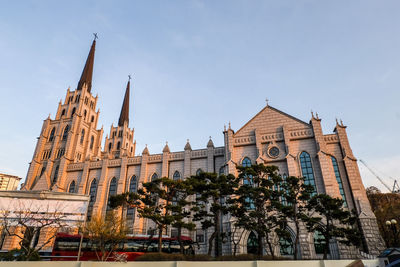 Low angle view of temple building against sky