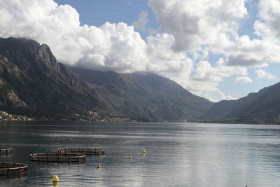 Scenic view of lake and mountains against sky