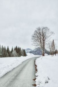 Bare trees on snow covered landscape against sky