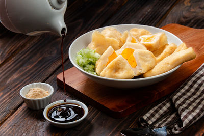 High angle view of meal served on table