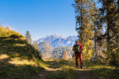 Rear view of man cycling against sky