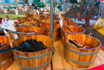 High angle view of olives in market