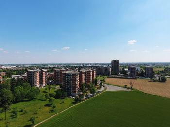 High angle view of buildings against sky